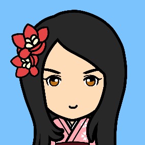 cartoon person with long black hair wearing pink robe and red flowers in hair