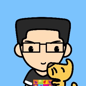 cartoon person with very precisely trimmed short black hair, wearing glasses and a black shirt with colorful geometric grid, holding a blonde dog licking the person's face