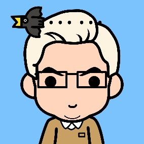 cartoon person with creamy white hair, wearing a brown shirt with pocket and glasses with a black bird flying over their head