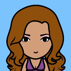 cartoon person with long curly brunette hair wearing purple dress