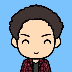 cartoon person with short curly brown hair and eyes closed wearing a black undershirt and red plaid overshirt