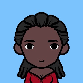 cartoon person with long curly black hair wearing red dress