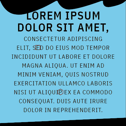 Lorem ipsum text on a blue background with an E surrounded by a square an a P surrounded by a hexagon