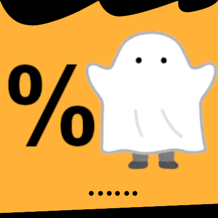 Cartoon ghost with a percentage symbol and 6 black dots on a goldenrod background; top of image has a black scalloped edge; bottom has a black wedge