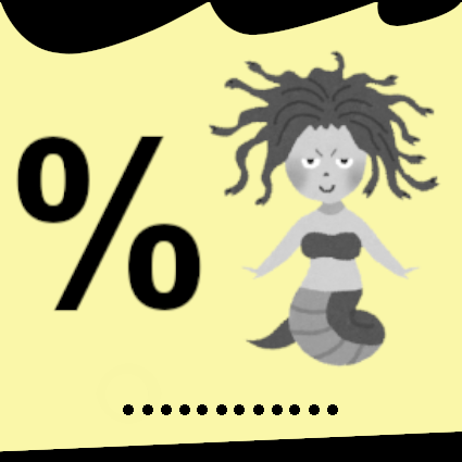 Cartoon medusa with a percentage symbol and 12 black dots on a yellow background; top of image has a black scalloped edge; bottom has a black wedge