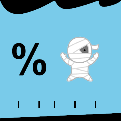 Cartoon mummy with a percentage symbol and 5 black dots on a blue background; top of image has a black scalloped edge; bottom has a black wedge