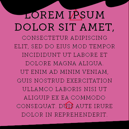 Lorem ipsum text on a pink background with a P surrounded by a triangle and an I surrounded by a pentagon