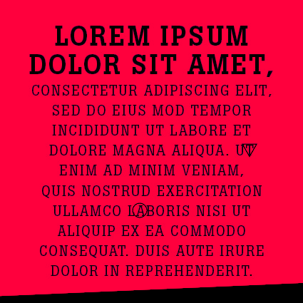 Lorem ipsum text on a red background with a T surrounded by a triangle and an A surrounded by a circle