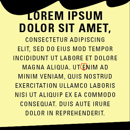 Lorem ipsum text on a yellow background with an E surrounded by a pentagon