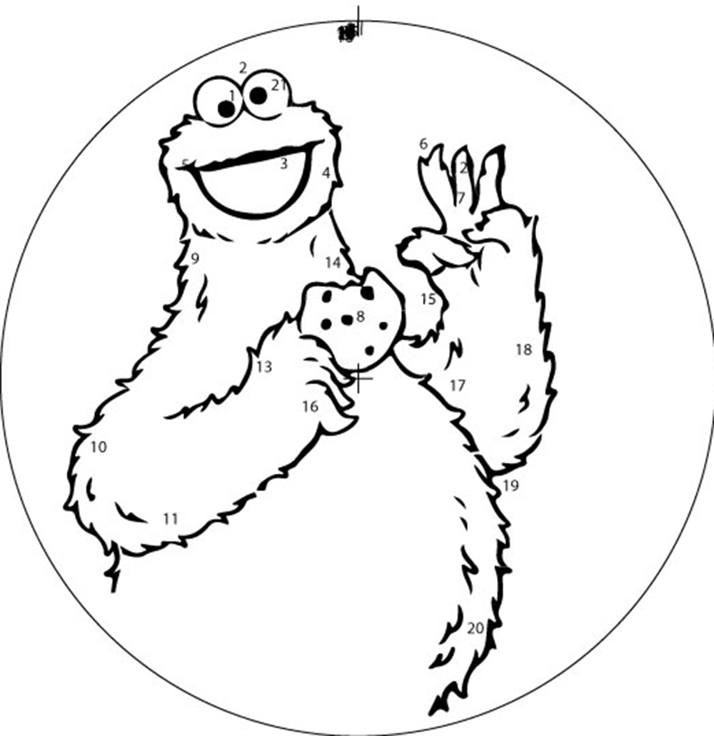 Rota-draw of Cookie Monster holding up three fingers