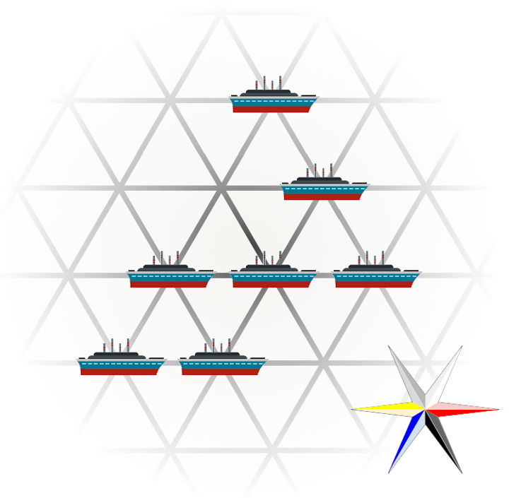 seven ships on a triangular grid with a compass in the bottom right