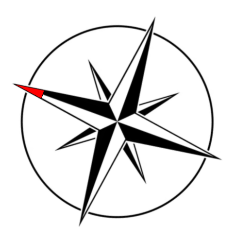 A compass rose with one red spoke which is pointing 70 degrees counterclockwise of up