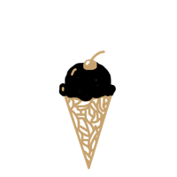 A scoop of very dark ice cream on a beige, swirly-patterned cone with a beige cherry