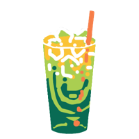A tall, iced, green-and-yellow juice with an orange straw