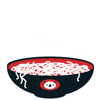 A wide, matte, black-and-red bowl of white noodles with a panda image
