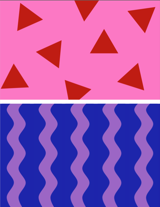 Two patters: Light pink rectangle with large red triangles scattered. Dark blue and purple wavy lines.