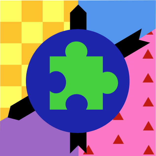 A green puzzle piece on top of a dark blue circle. Black arrows point out from the circle. The background has a yellow-and-orange checkerboard, solid light blue and purple regions, and a pink regions with tiny red triangles all pointing upwards.