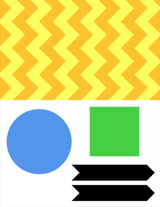 Yellow and orange zigzag lines. A light blue circle, green square, and two black arrows.