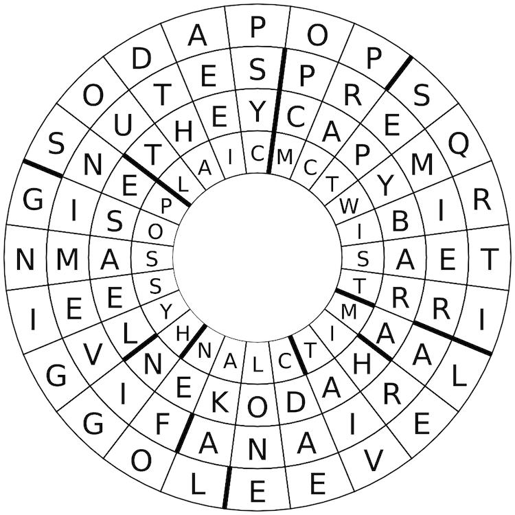 Filled in donut-shaped crossword grid with the same rings as the previous image. This image differs as now the top cells of each ring are the first P of SODAPOP, the S of FIVEMINUTES, the Y of THEY, and the C of LAIC.
