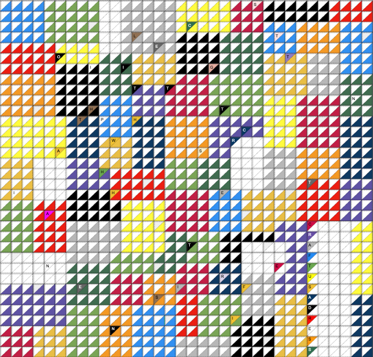 Previous quilt overlaid over crossword grid. The letters of the crossword are visible through the transparent top-left triangles.