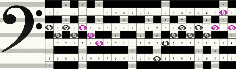 Base clef staff overlaid over original crossword grid. The letters MRMRMRD LDRMRMRMSM are circled in musical whole notes. The whole notes circling the last MRD of the first part and the MSM of the second part are pink.