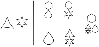 From left to right: A three-pointed star. A six-pointed star. A vertical line. Two symbols that are vertically aligned as follows: Top is a hexagon above a teardrop. Bottom is a teardrop. Two symbols that are vertically aligned as follows: Top is a circle above a six-pointed star. Bottom is a three-pointed star above a six-pointed star. A hexagon above the combination of a three-pointed star above a six-pointed star, next to a teardrop.