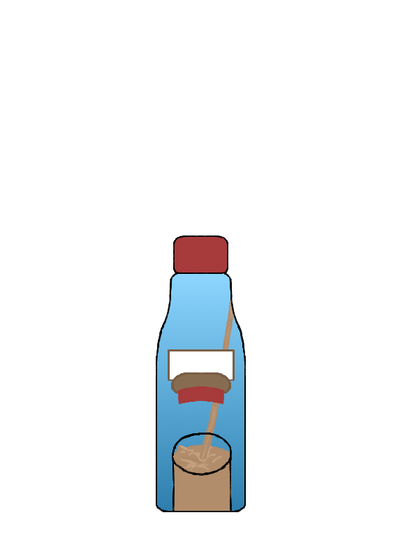 A blue bottle with a red cap. There are some white, brown, and red rectangles in the center. At the bottom is a cup of brown liquid, which is being poured into from the upper right.