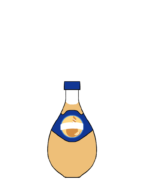 A medium-sized bottle containing orange fluid, rounded at the bottom, with a blue cap and a blue label. The label shows a stylized version of the bottle itself, partially obscured by a white rectangle, alongside an orange slice.