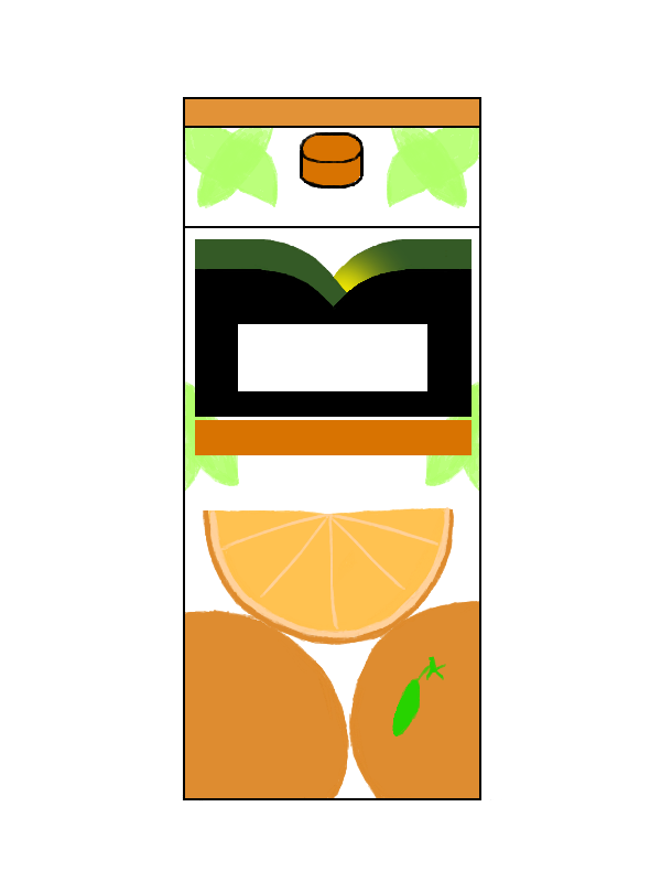 A large carton with an orange top and twist cap. The carton has some leaves in the background. In the foreground, at the top, is a green, black, white, and orange label. At the bottom are two oranges supporting an orange slice.
