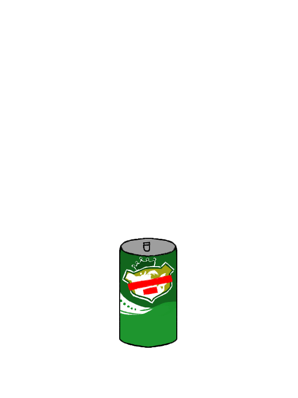 A small green can. There is a yellow shield with a green crown, containing a white silhouette of North America. The body of the shield is partially obscured by two red rectangles. At the left side of the can is a white area containing some green dots.