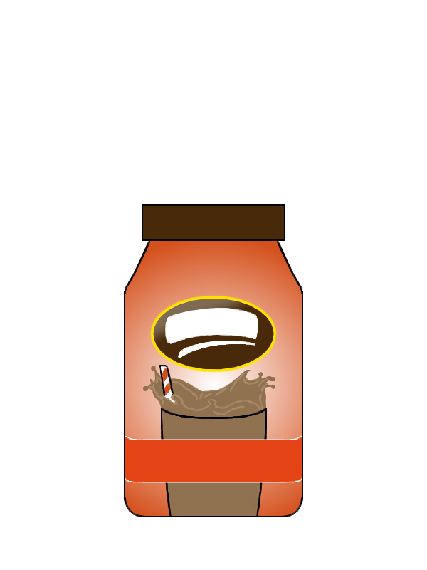A medium-sized orange and red jar with a brown lid. It has a brown oval label with a white rectangle and white line on it. At the bottom, a container of brown liquid with a white-and-red straw is partially obscured by a wide red rectangle.