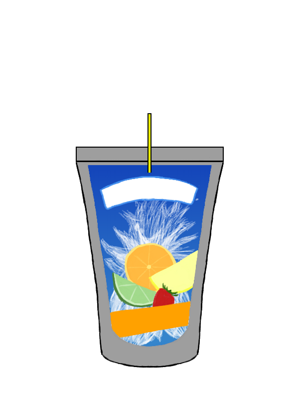 A gray container with a yellow straw sticking out of it. It has a blue label with splashing water in the background and an orange, lemon, lime, and strawberry in the foreground. There is a white rectangle near the top and an orange rectangle near the bottom.