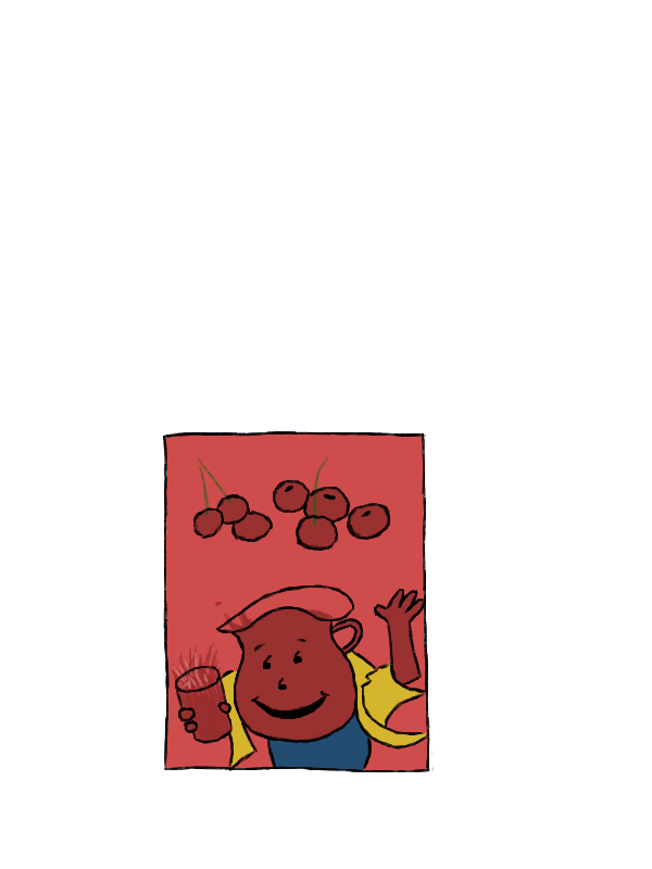 A small red rectangular packet with some cherries near the top and a cartoon person at the bottom. The cartoon person's head is a pitcher full of red liquid. They are wearing a yellow jacket and blue pants, and holding a cup of red liquid.