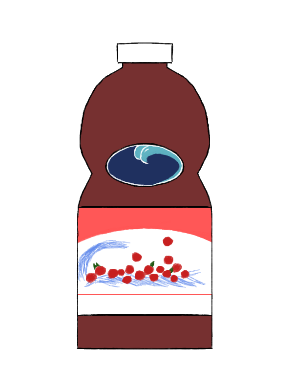 A large dark red bottle with a white cap. There is an oval logo in the center, featuring a light blue wave against a dark blue background. Below that, there is paper wrapped around the bottle, featuring a wave and some small red circles attached to small green triangles.