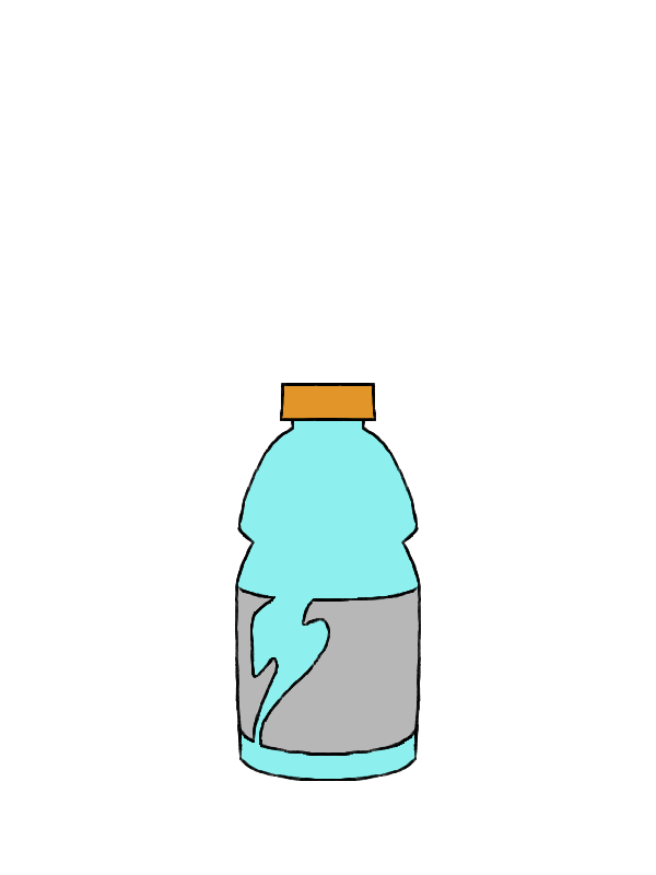 A small, squat, blue bottle with an orange cap and gray paper wrapped around it. The paper has a lightning bolt shape cut out of it.