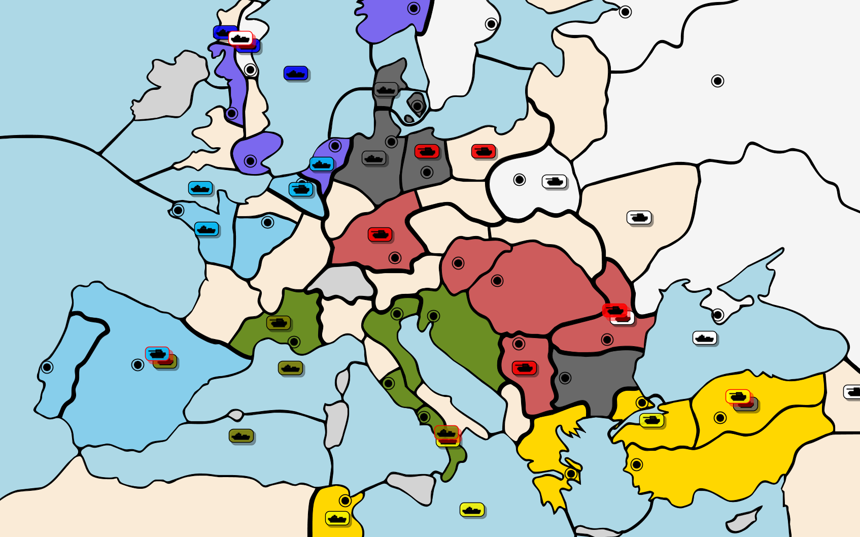 Diplomacy board showing the displacements in Edinburgh, Rumania, Spain, Naples, Berlin, Holland, and Ankara
