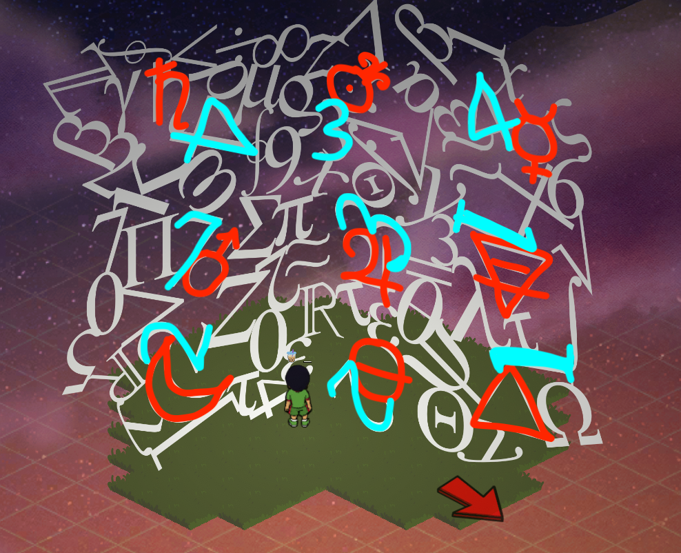 the wall of symbols shown when we enter the Alchemist Sphinx. Alchemical symbols are shown in red. Associated digits are shown in cyan.