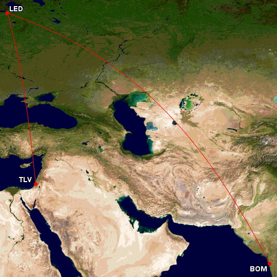 Map showing lines connecting Saint Petersburg to Bethlehem and Mumbai