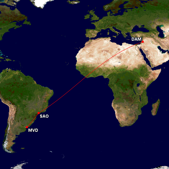 Map showing lines connecting São Paulo to Montevideo and Damascus