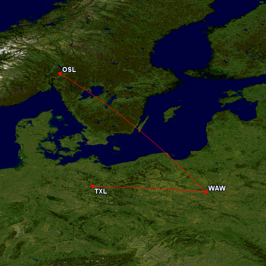 Map showing lines connecting Warsaw to Berlin and Oslo