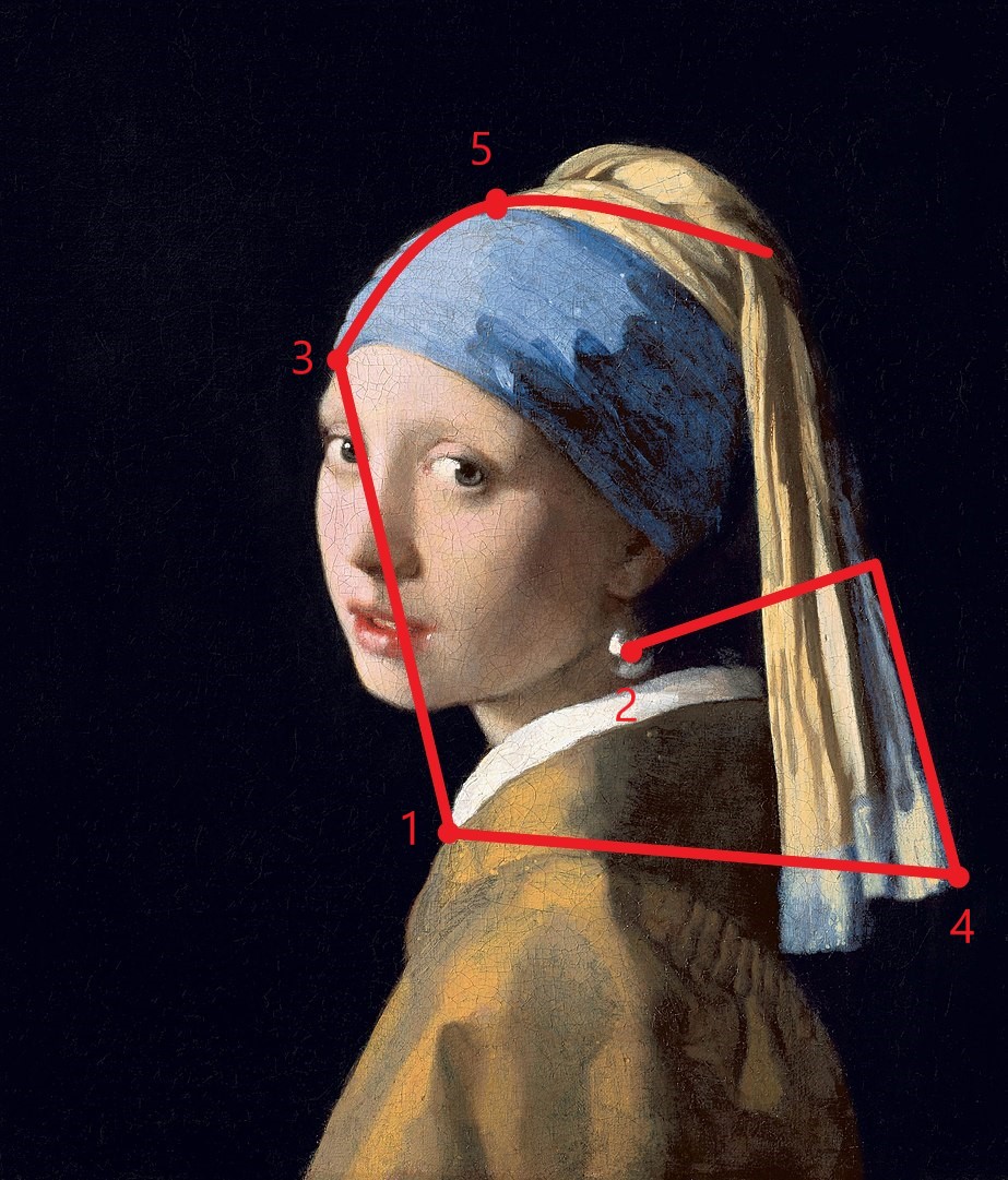 Image of Girl With A Pearl Earring with five points overlaid, with lines drawing out a G